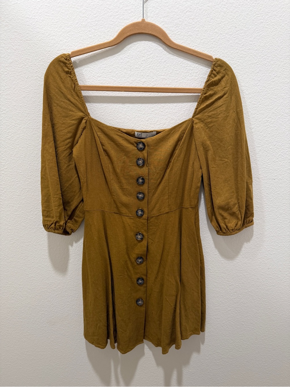 Zara Mustard Puff-Sleeve Button-Front Mini Dress